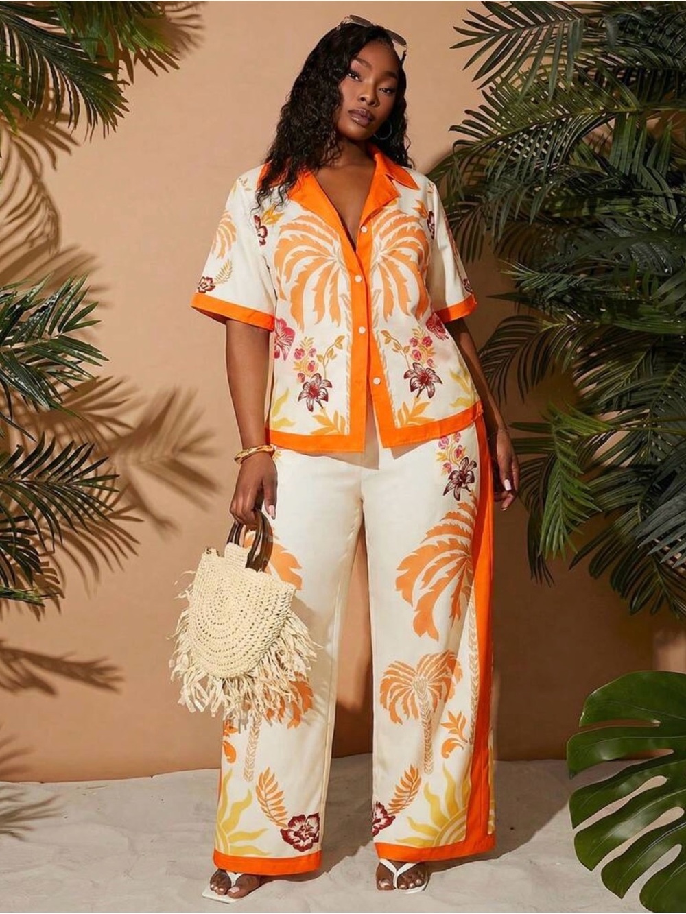Women’s Orange Palm-Print Wide-Leg Jumpsuit Set
